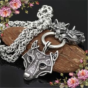 Zinc Alloy Viking Style Wolf Head Pendant Necklace, Retro Amulet Jewelry